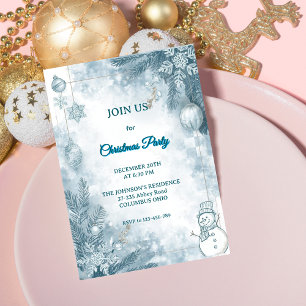 Chequered Watercolor Elegant Icy Blue Christmas Invitation