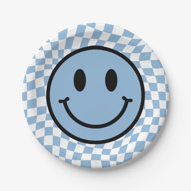 Chequered Wavy Blue Preppy Smile Birthday Paper Plate (Front)