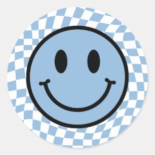 Chequered Wavy Blue Preppy Smile Classic Round Sticker