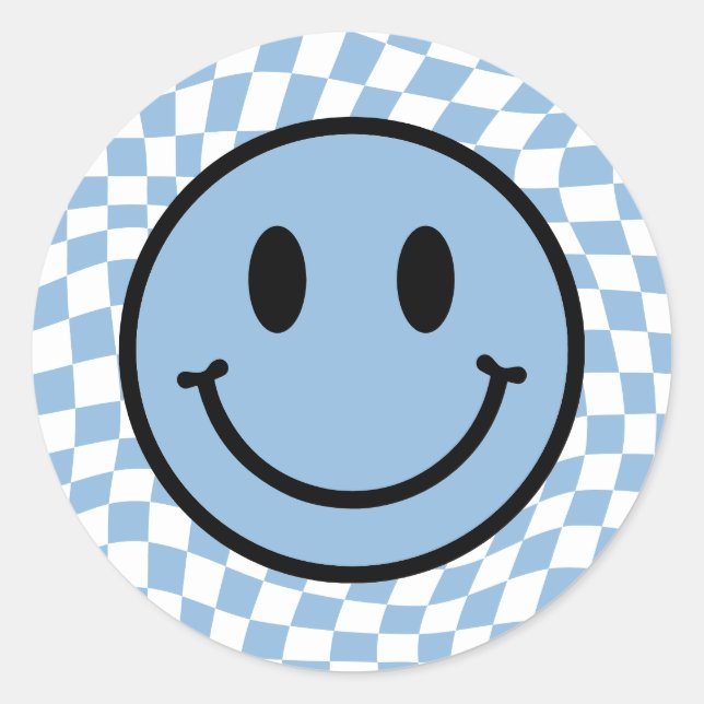 Chequered Wavy Blue Preppy Smile Classic Round Sticker (Front)