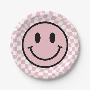 Chequered Wavy Pink Preppy Smile Birthday Paper Plate
