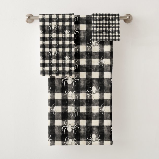 Chequered Web – Spiders in Sync on Monochrome Grid Bath Towel Set (Insitu)