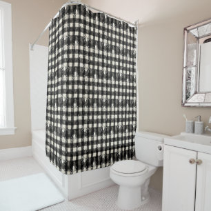 Chequered Web – Spiders in Sync on Monochrome Grid Shower Curtain
