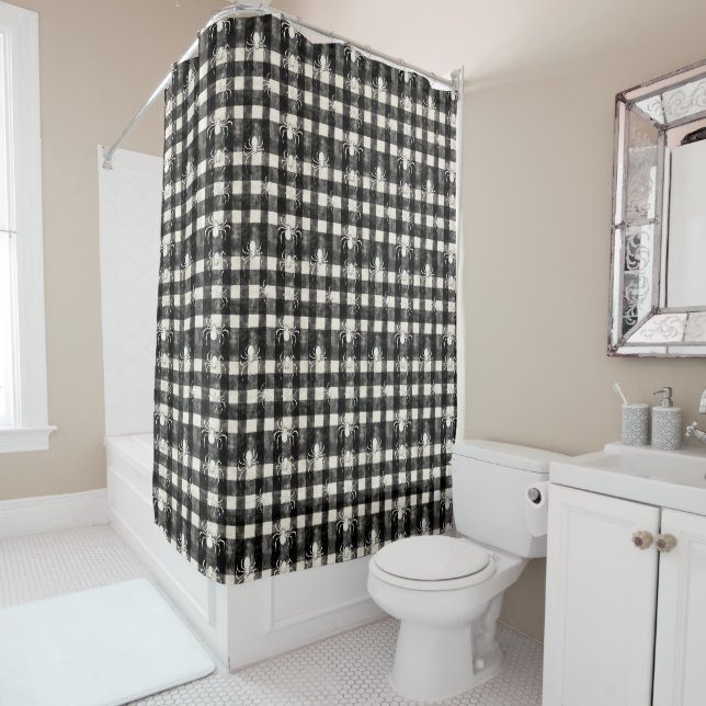 Chequered Web – Spiders in Sync on Monochrome Grid Shower Curtain (In Situ)