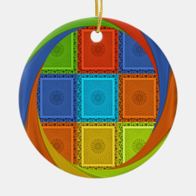 Chequered Whirl Art Print Ceramic Tree Decoration (Front)
