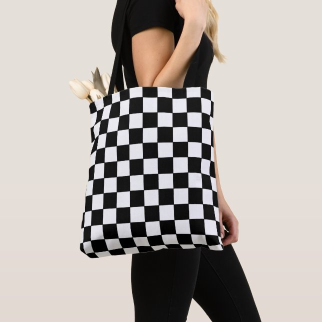 Chequered White and Black  Tote Bag (Close Up)