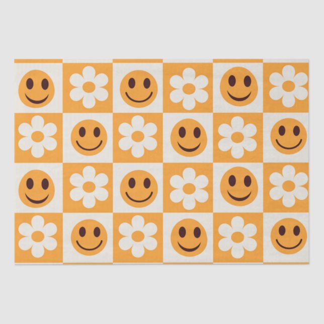 Chequered White Flowers and Orange Happy Faces  Tissue Paper (Front)