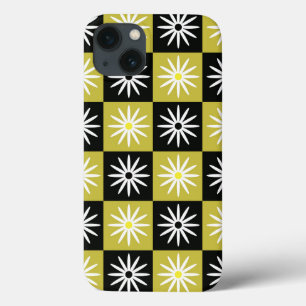 Chequered White Flowers on Black Yellow squares iPhone 13 Case