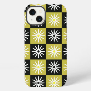 Chequered White Flowers on Black Yellow squares iPhone 13 Case
