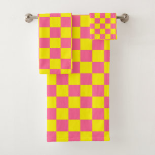 Chequered Yellow and Pink Bath Towel Set