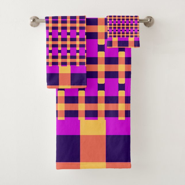 Chequered Yellow Pink Blue Bath Towel Set (Insitu)