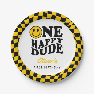 Chequered Yellow Smile One Happy Dude 1st Birthday Paper Plate