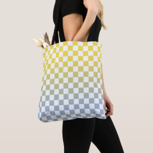 Chequered Yellow to Light Blue and White Pattern Tote Bag