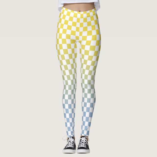Chequered Yellow to Light Blue Gradient Pattern Leggings (Front)