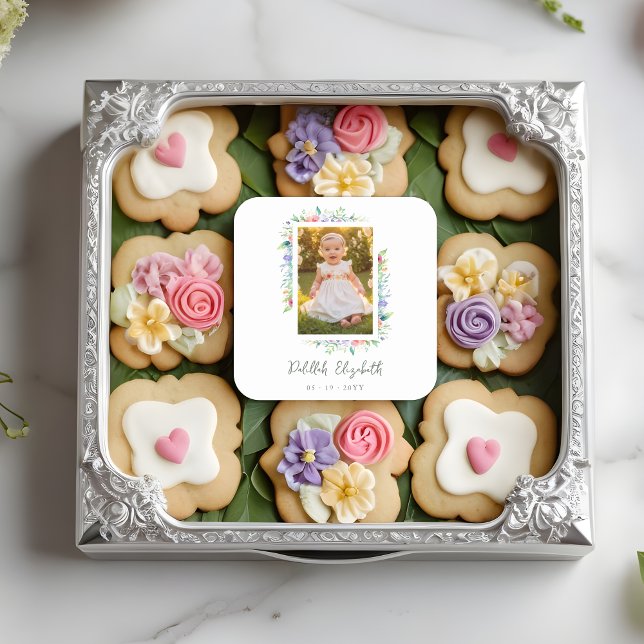 Cherish Cute Floral Frame Christening Photo  Square Sticker (Cherish Cute Floral Frame Christening Photo Square Sticker. )