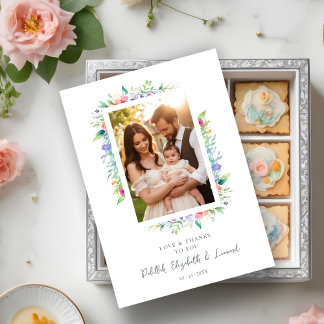 Cherish Cute Floral Frame Christening Photo Thank You Card