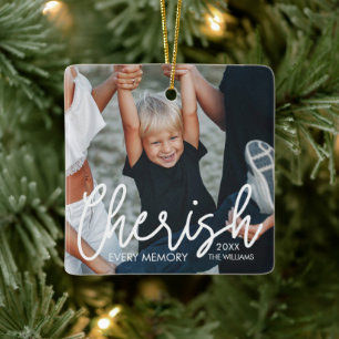 Cherish Every Memory Modern Custom Family Photo Ceramic Ornament