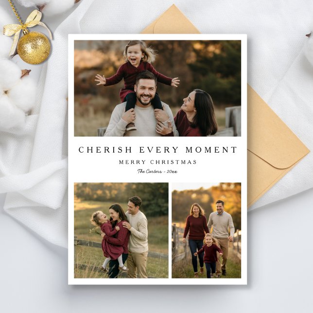 Cherish Every Moment Family Christmas 3 Photo Holiday Card (Creator Uploaded)
