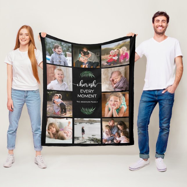 Cherish Every Moment Photo Collage Black Fleece Blanket (In Situ)