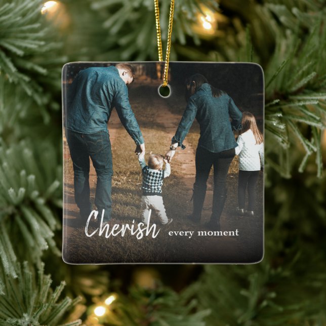 Cherish Every Moment Quote Family Photo Ceramic Ornament (Tree)