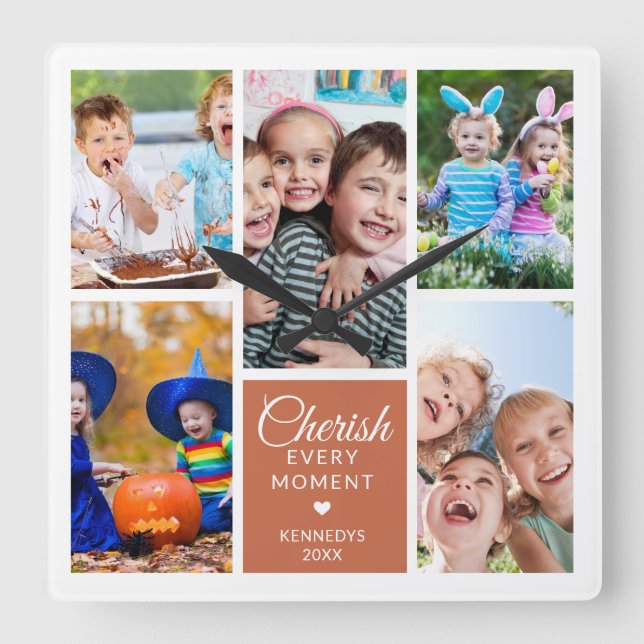 Cherish Every Moment Terracotta 5 Photo Collage   Square Wall Clock (Front)