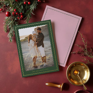 Cherish Joyful Memories Wavy Modern Minimal Photo Foil Holiday Card