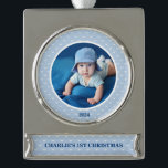 Cherish the Moment: Baby’s 1st Christmas Photo  Silver Plated Banner Ornament<br><div class="desc">Cherish the Moment: Baby’s 1st Christmas Photo Ceramic Ornament Capture your baby's first Christmas with this charming photo ornament. The delicate blue pattern background adds a touch of elegance, making it a perfect keepsake to cherish for years to come. Personalise it with your favourite photo to create a lasting memory...</div>