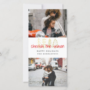 Cherish The Season Red Script Two Photos Holiday Card