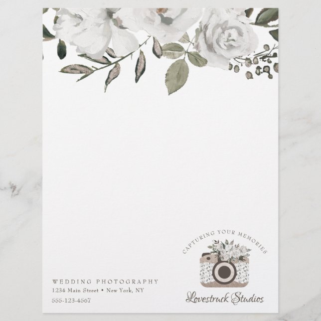 Cherish Vintage White Floral Custom Camera logo Letterhead (Front)