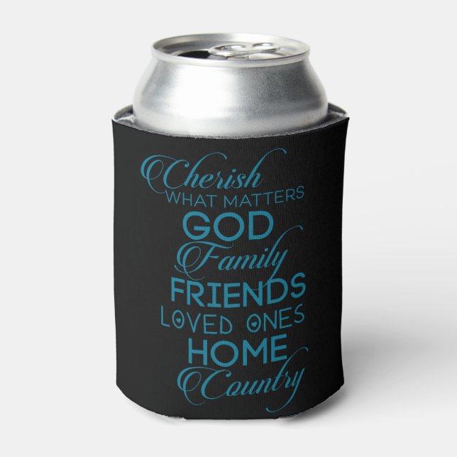 Cherish What Matters Teal Can Cooler (Can Front)