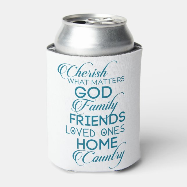 Cherish What Matters Teal Can Cooler (Can Front)