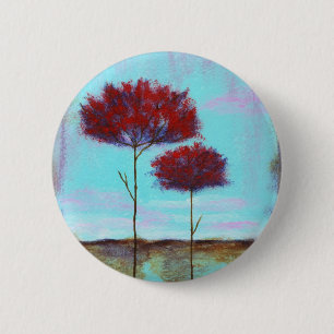 Cherished, Abstract Art Landscape Red Trees 6 Cm Round Badge