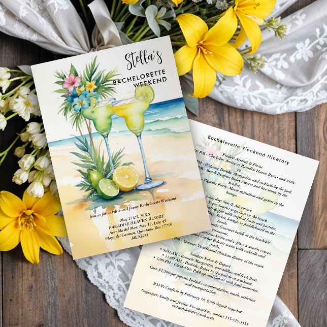Cherished Cute Floral Margarita Cocktail Glasses  Invitation (Cherish Cute Floral Margarita Cocktail Glasses Elegant Bachelorette Party Weekend Invitations Cards.)