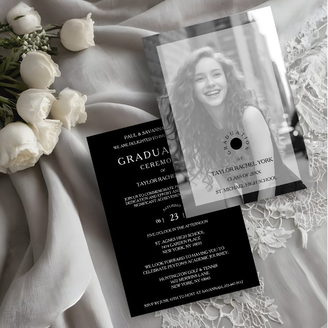 Cherished Exquisite Delicate Minimal Black White Invitation (Cherish Exquisite Delicate Minimalist Black & White Photo with Vellum Translucent Effect Graduation.)