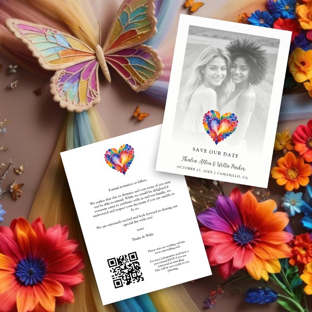 Cherished Modern Pride Rainbow Heart Photo Wedding Save The Date (Cherish Modern Pride Rainbow Colors Heart Photo Wedding with Transparency Save the Dates Cards.)