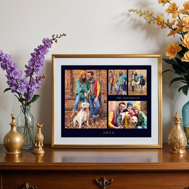Cherished Navy Blue & Gold Simple Classic 4 Photos Poster (Minimalist Cherished Navy Blue & Fake Gold Simple Classic 4 Multi Photos Collage Family Poster. )