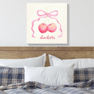 Cherries and bow children's customized art canvas print