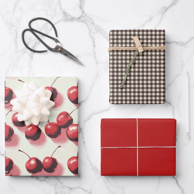 Cherries and Gingham Wrapping Paper Sheet (Front)