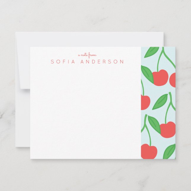 Cherries and Leaves Pattern Personalised Note Card (Front)
