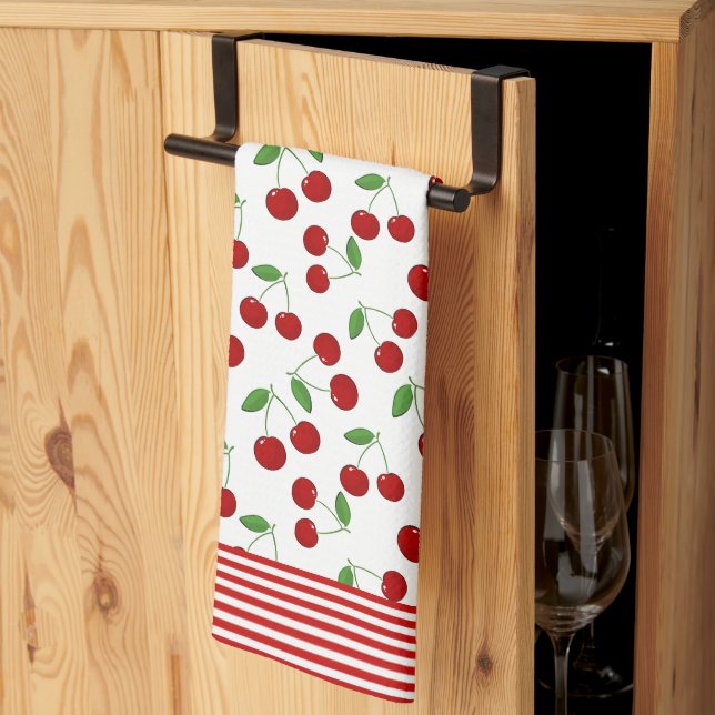 Cherries and Stripes Design Kitchen Towel (Thirds Fold)