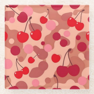 Cherries Art Pink Square Glass Coaster