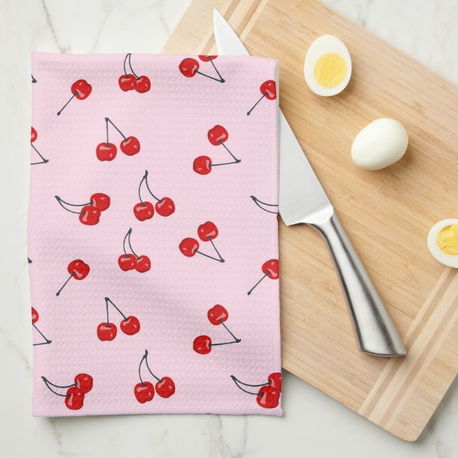 Cherries Birthday Party Shower Pink Red Tea Towel (Quarter Fold)