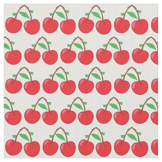 Cherries Bright Red Illustrated Fruit Fabric (Close Up)