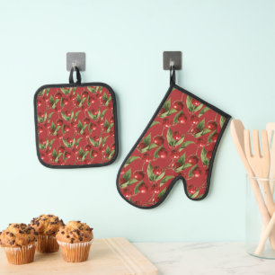 Cherries Cherry Red Pattern Oven Mitt & Pot Holder Set