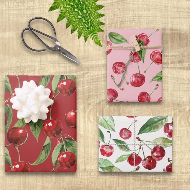 Cherries Cherry Red Pink White Pattern Wrapping Paper Sheet (Creator Uploaded)
