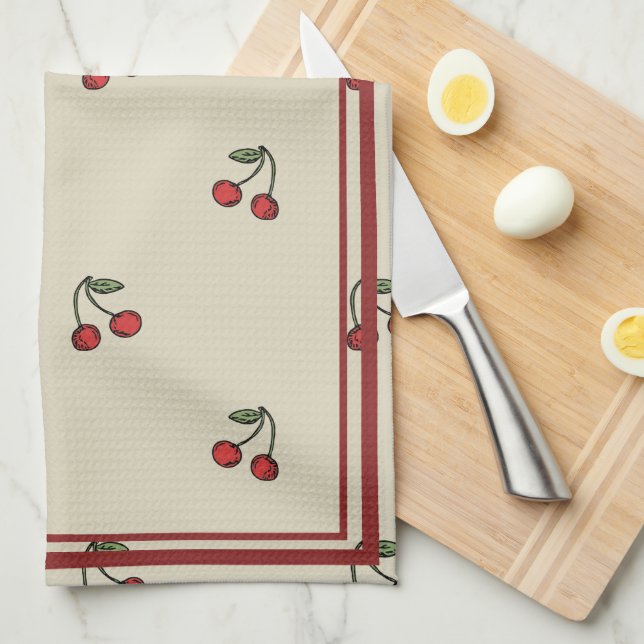 Cherries Elegant BOHO Red Cherry Border Tea Towel (Quarter Fold)