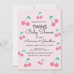 Cherries Fruit Pink Red Twins Baby Shower   Invitation