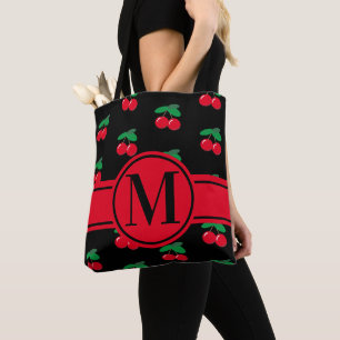 Cherries Fruit Red Pattern Monogram Black Tote Bag
