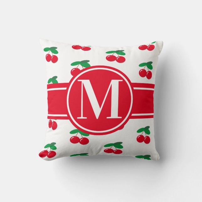 Cherries Fruit Red Pattern Monogram White Cushion (Front)