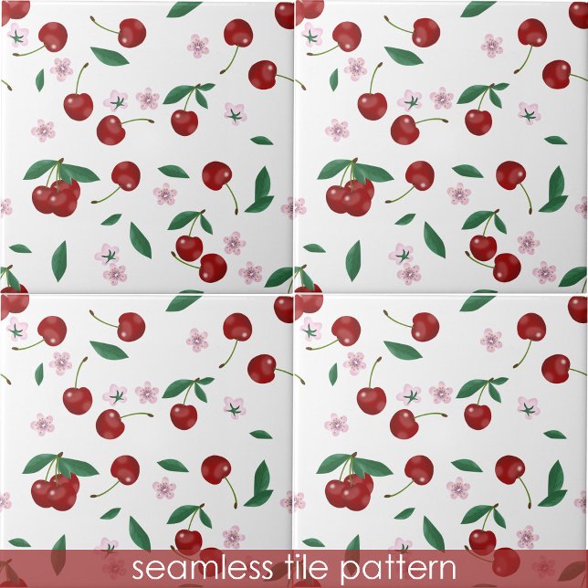 Cherries Greenery Cherry Blossoms Seamless Pattern Tile (Cherries Greenery Cherry Blossoms Seamless Pattern Ceramic Tile)
